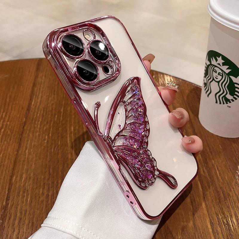 Glitter quicksand butterfly is suitable for Apple 16ProMax mobile phone case 15 with its own lens film 14 advanced sense 13 light luxury