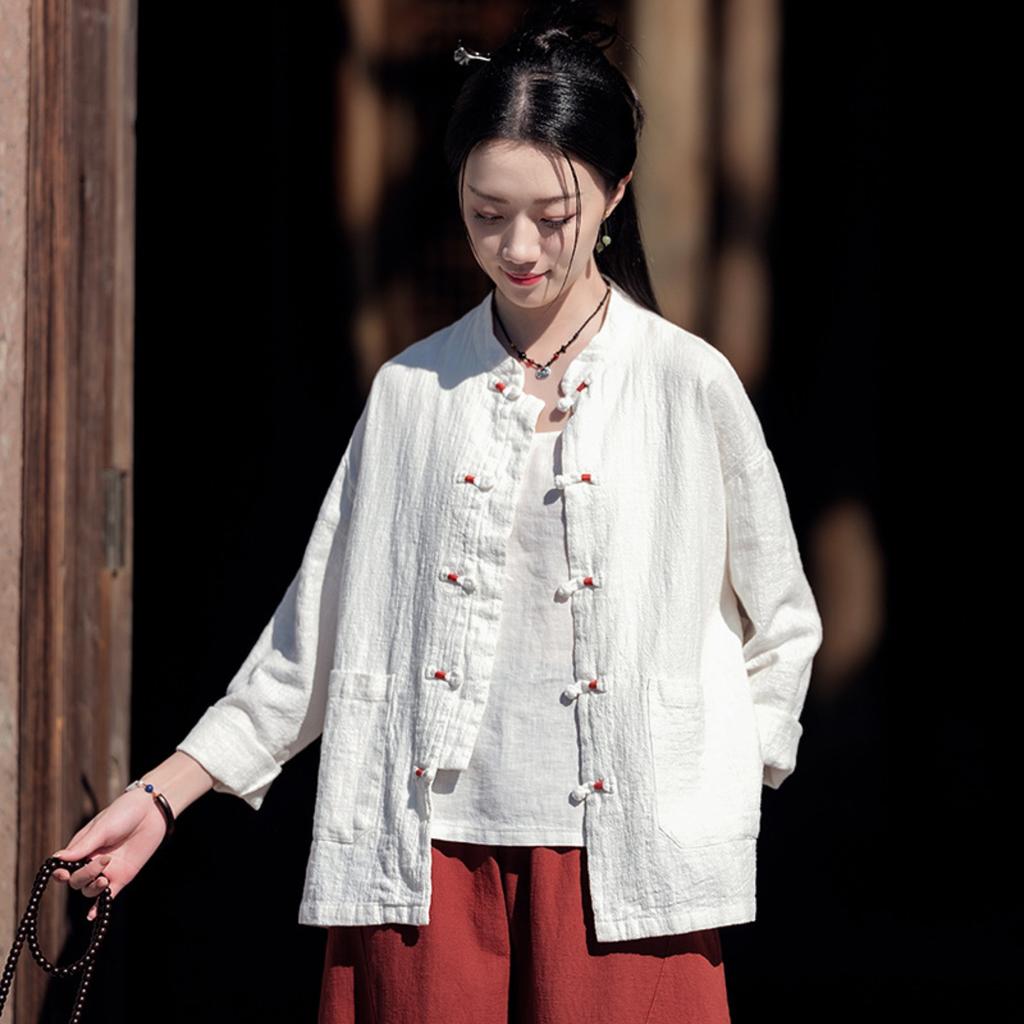 Women's Stand Collar Long Sleeve Loose Fit Chinese Style Linen Cardigan Top Casual Outerwear