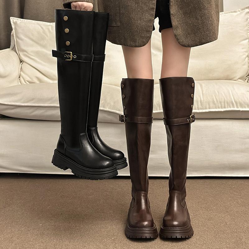 Thick-soled Over-the-knee Boots for Women's 2025 Autumn and Winter New Two-wear Versatile Soft Leather Retro Thick-heeled Knight Boots Long Boots