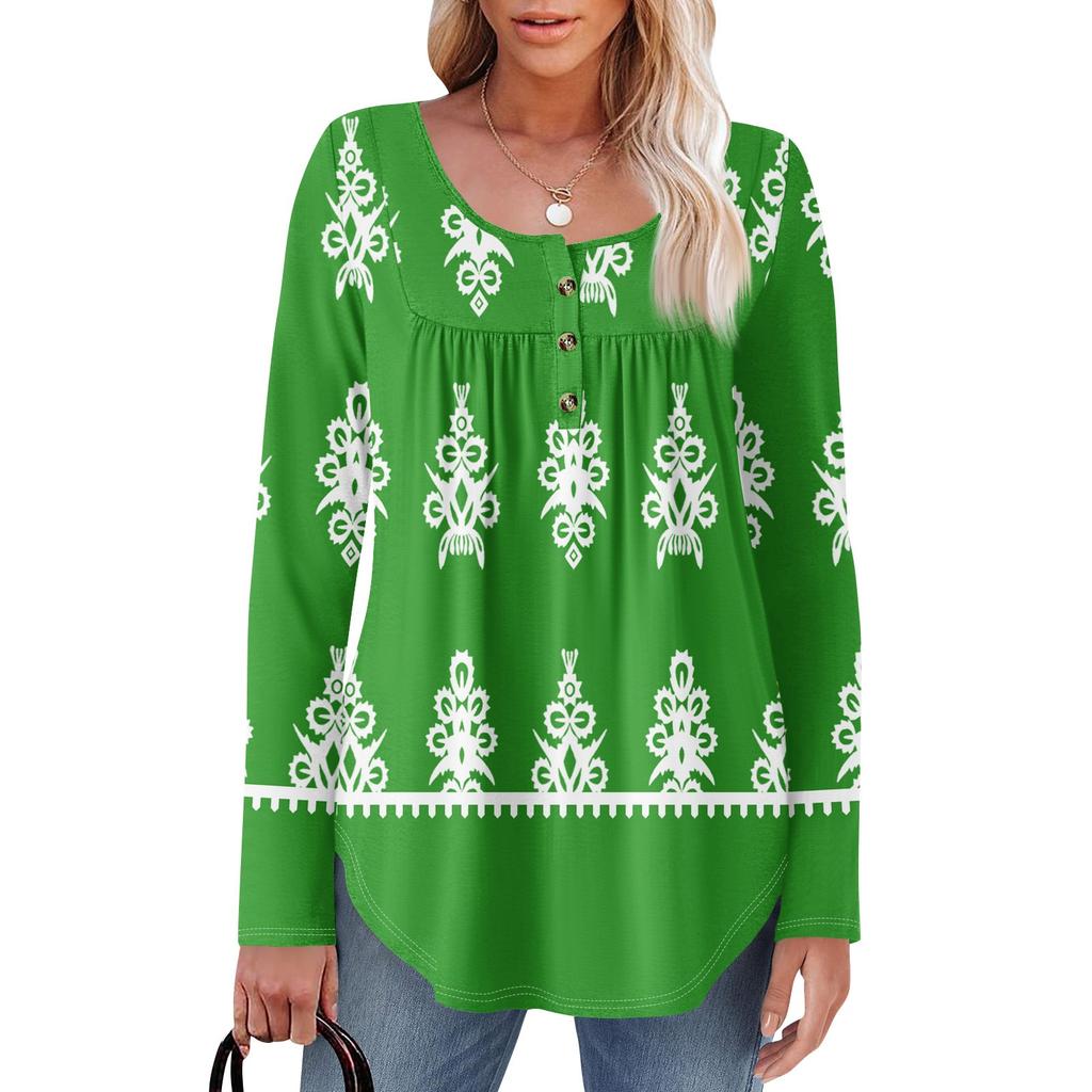 Женская туника с длинным рукавом, свободные топы, повседневные топы оверсайз, плиссированная туника, застегивающаяся на пуговицы, повседневные женские топы с принтом