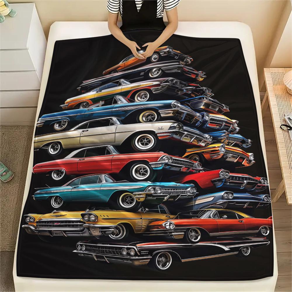 1Pc Vintage Car Print Flannel Blanket, High quality Comfortable for All Seasons, Home Decor, Warmth and Comfort, Perfect for Christmas Gifts