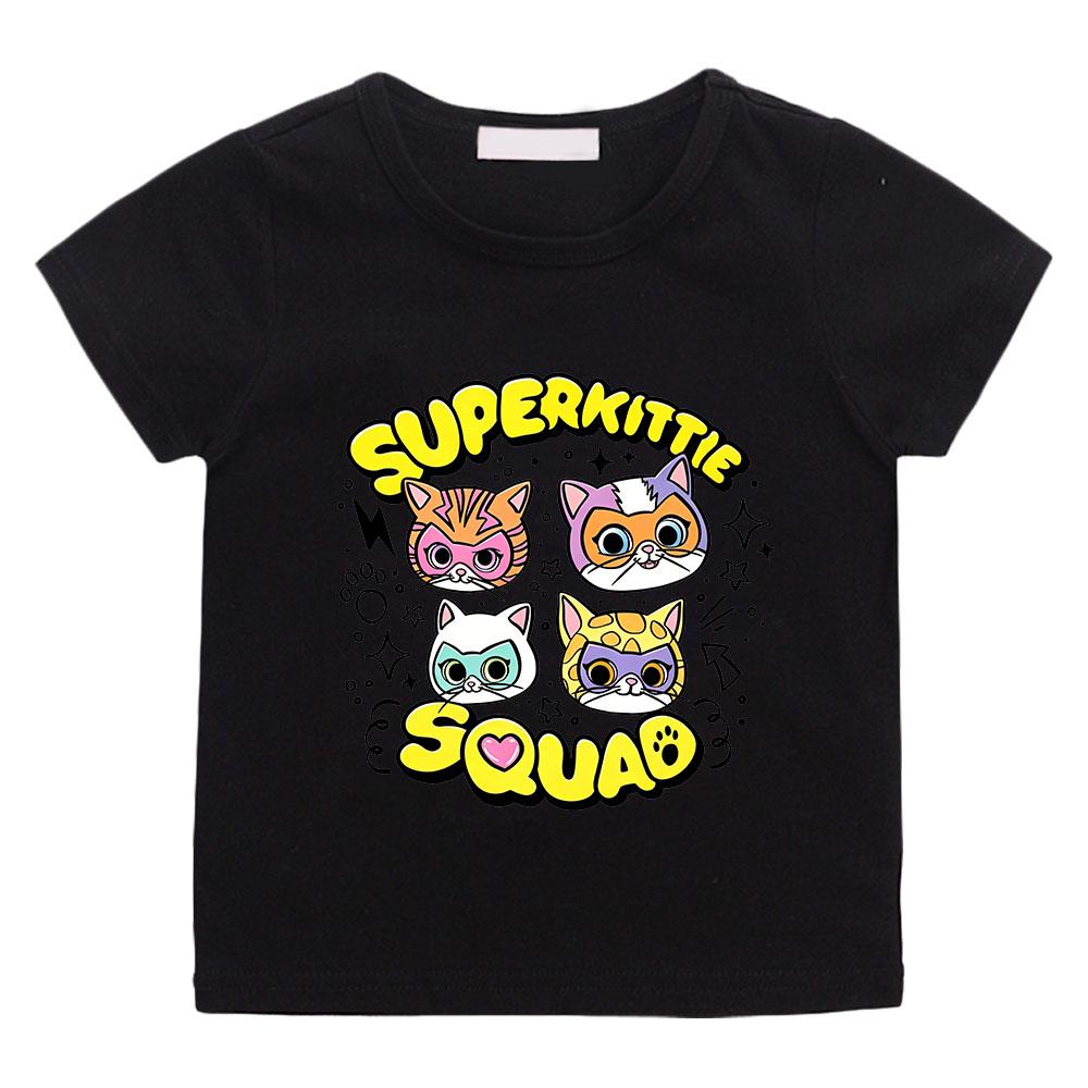 Children's Cotton T-shirts SuperKitties Cartoon Print Kids Short Sleeve Cute Boys Girls 2-12Y Tees Casual Crew Neck Tops Summer