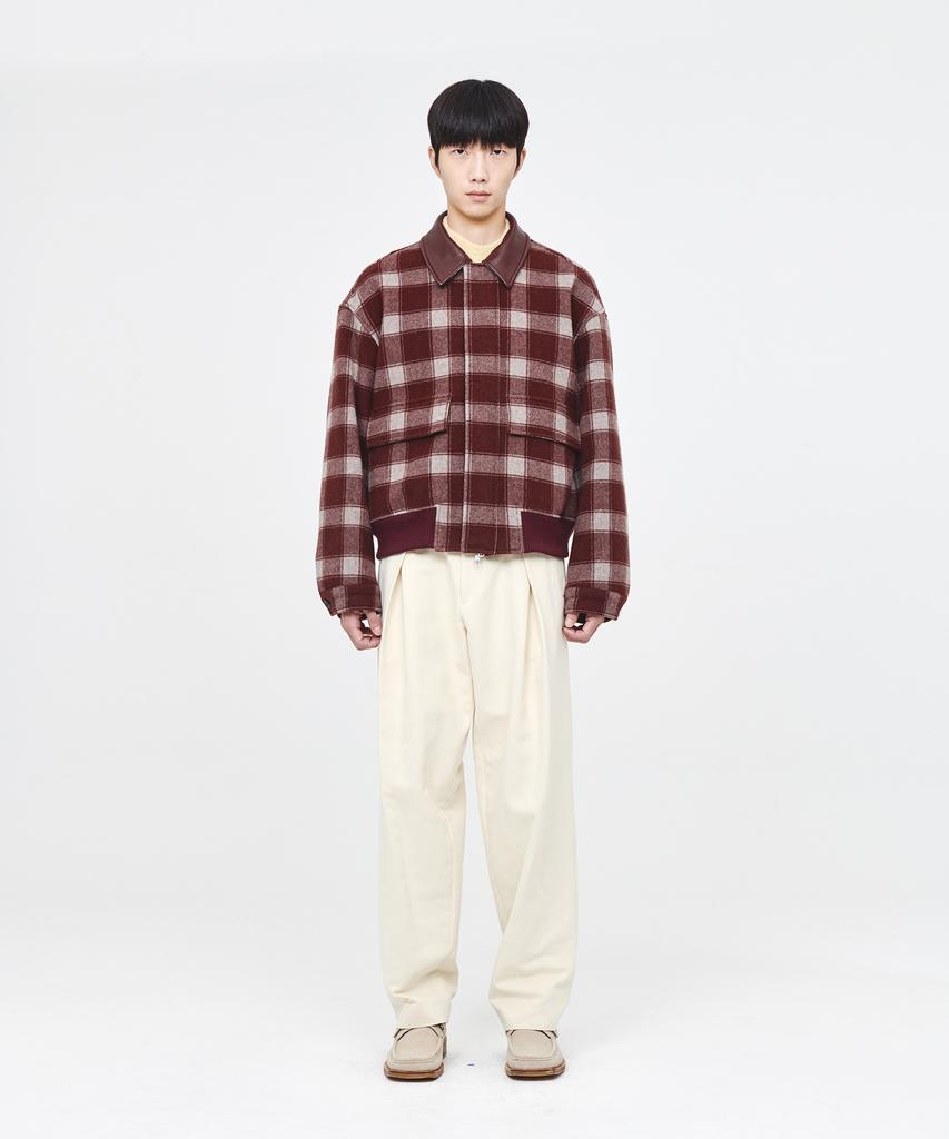 Afterpray Leather Collar Check Wool Blouson Burgundy