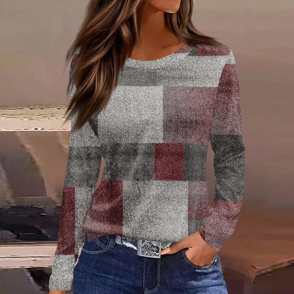 Женская мода повседневный топ с круглым вырезом и длинными рукавами и цветочным принтом