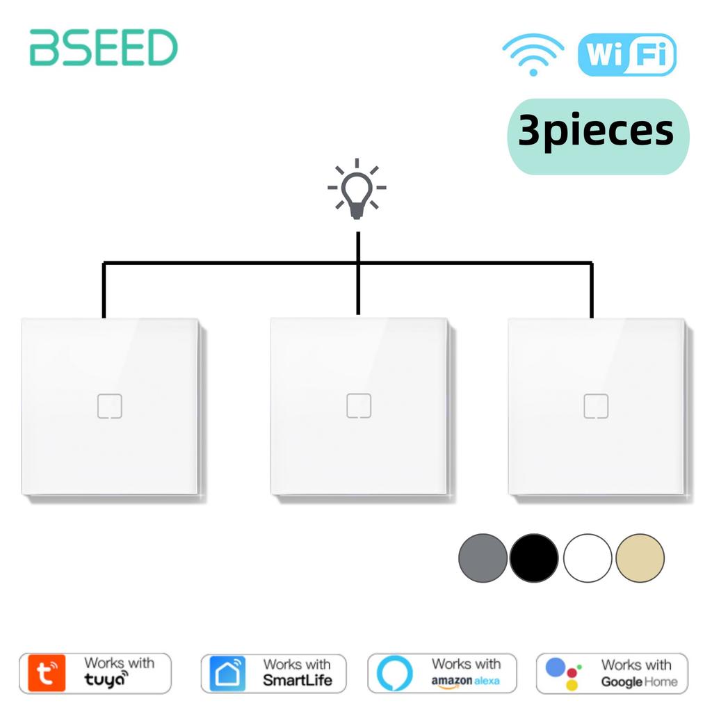 BSEED 1Gang 1/2/3way Wifi Touch Switches Wall Switch For Stairs Tuya Smart Life Alexa App Control White Backlight 10A For Villa