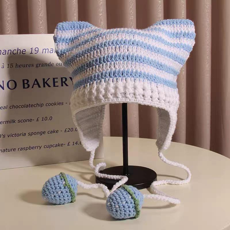 Женская шерстяная шапка с клубничным ремешком и кошачьими ушками в полоску, трикотажная защитная шапка для ушей, защищающая от холода