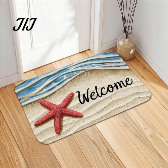 Non-slip Household Floor Mats Beach House Entrance Rug, Starfish Shell Welcome Mat, Coastal Waterproof Outdoor Patio Bathroom Door Mat for Front Decor