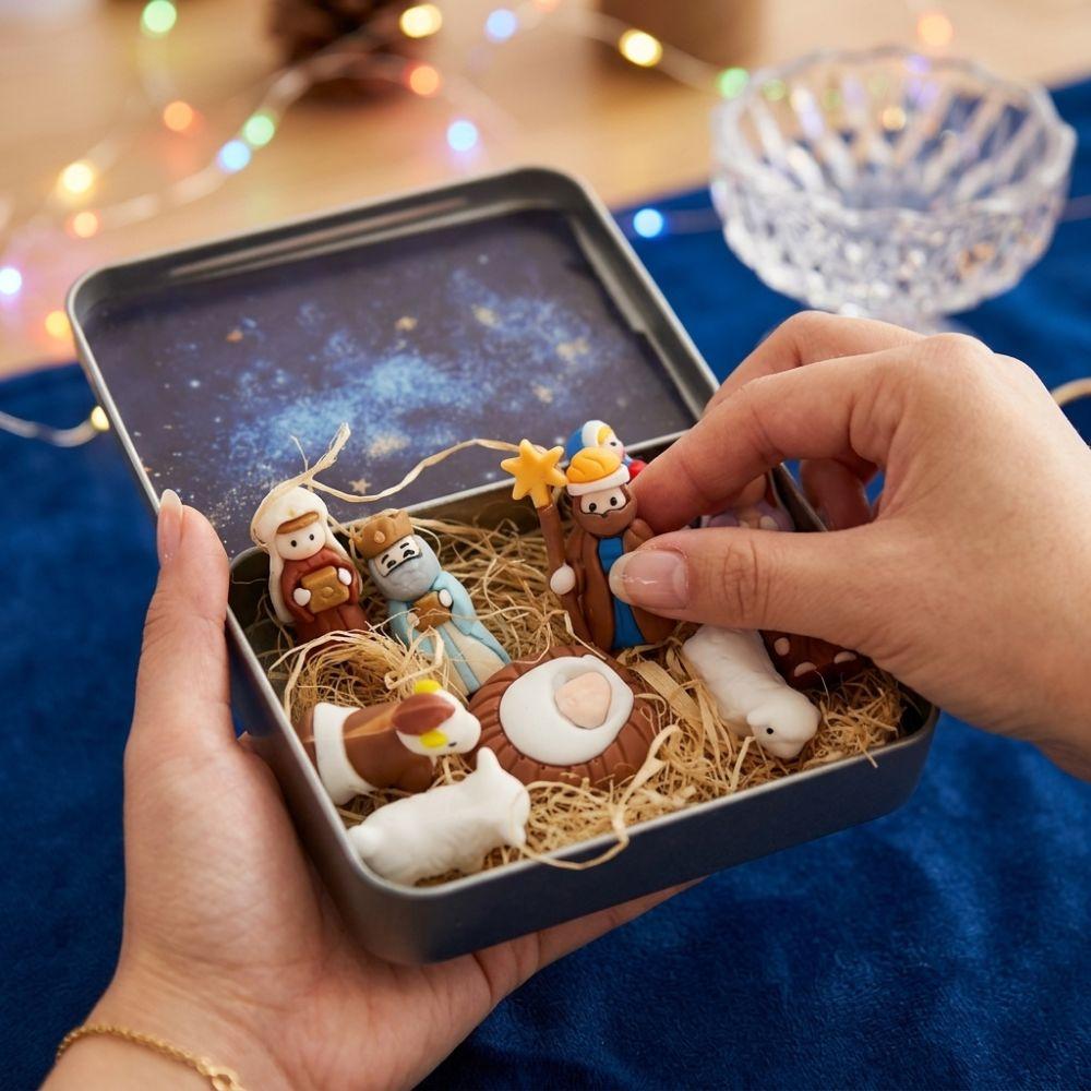 Hand Painted Nativity Manger Scene Kit Metal Tin Box Christmas Figurines Table Decor