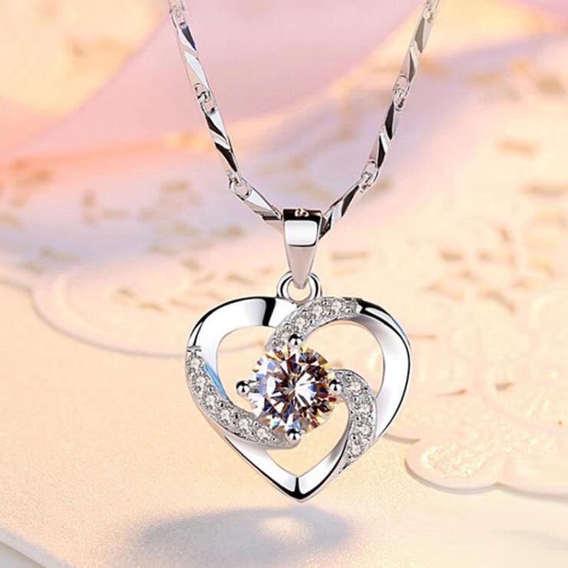 New Luxury Crystal CZ Heart Pendant Choker Necklace 925 Sterling Silver Chain Necklaces For Women Wedding Jewelry Gifts