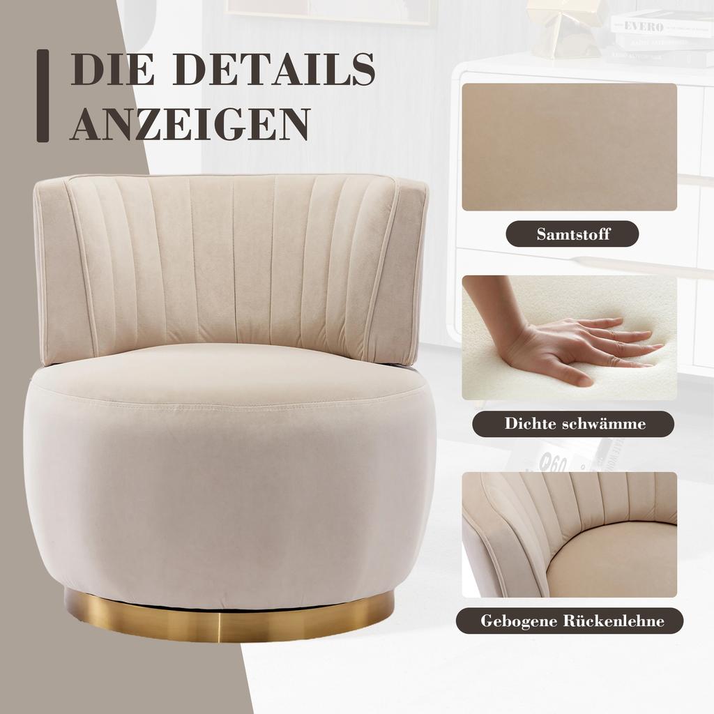 360 Degree Modern Swivel Chair, Soft Velvet Finish, Backrest, Stable Structure, Barrel Chairs, Suitable for Living Room Bedroom Study, Beige