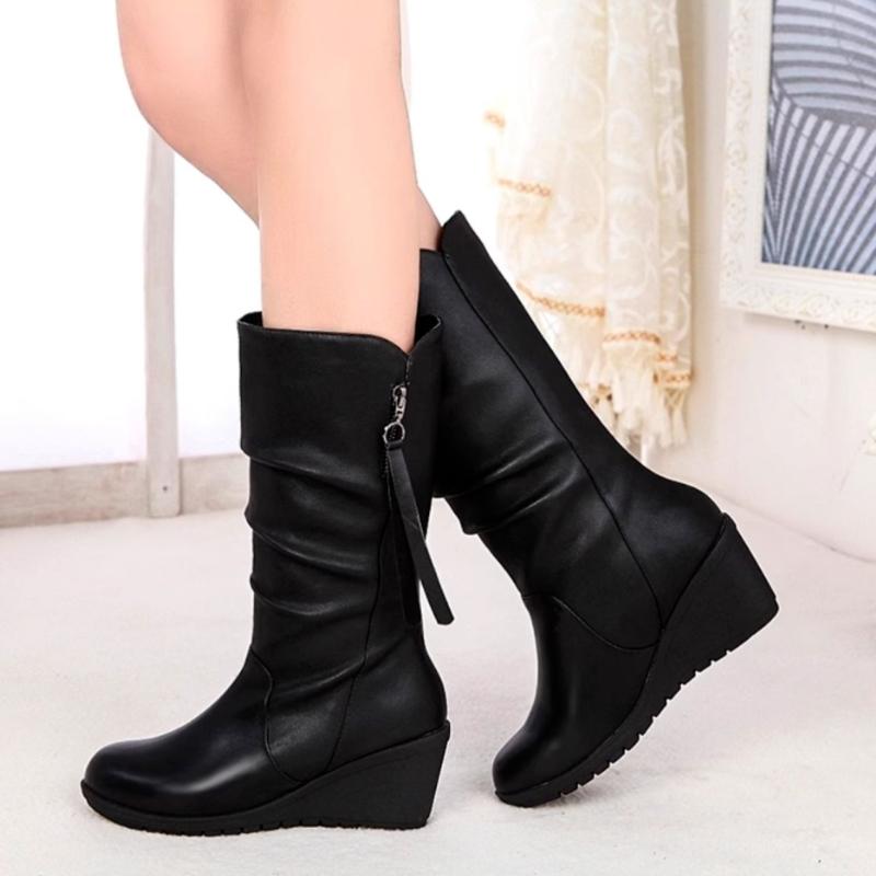 Модные черные элегантные женские полусапоги на каблуке с круглым носком, осенне-зимние кожаные удобные модные 2025, горячие женские туфли до середины икры