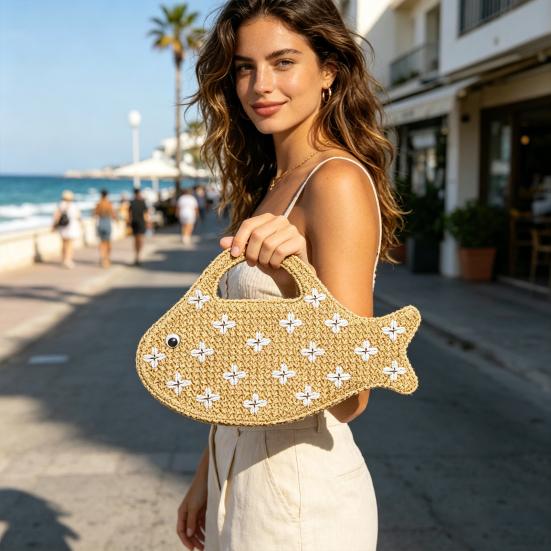Сумка-рыбка Yousheng Fun Straw Handbag Плетеная Мини-Клатч Сумка-тоут Летняя Пляжная Сумка Оригинальная Сумка для Женщин Отпуск