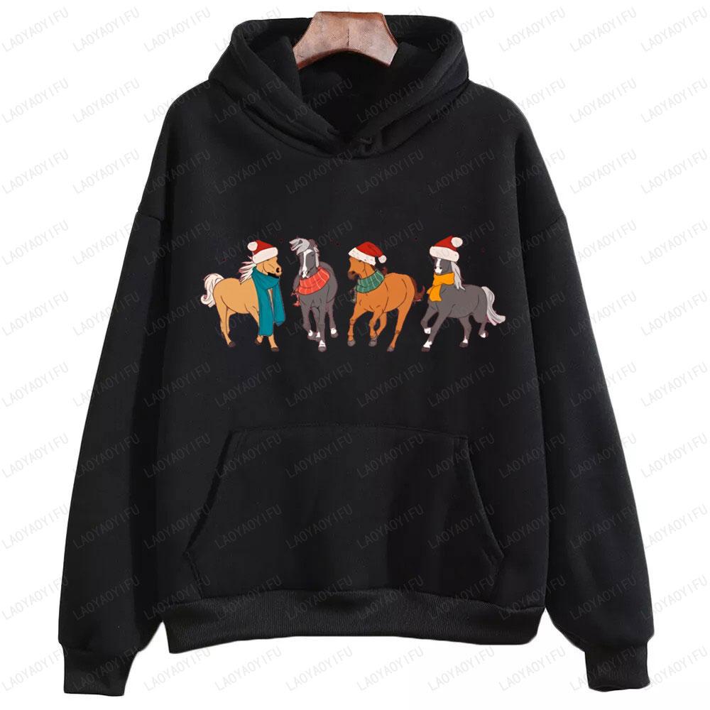 Лошади в рождественской шапке Санты Толстовка Женская Мужская Одежда Осень Зима Худи Любитель Лошадей Фермерские Животные Рождественский Свитер Подарок