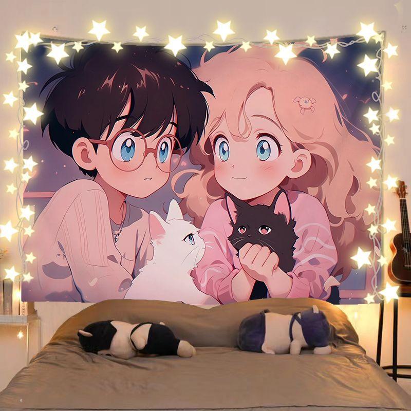 Night Cat Girl Couple Tapestry Wall Hanging Home Decor for Bedroom Living Room Dorm Cures Cute anime Buins Aesthetic