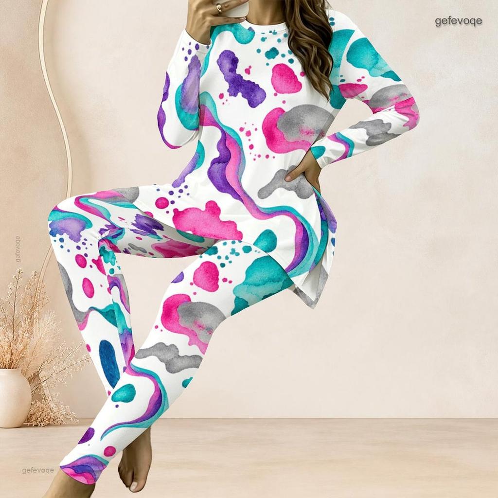 Women Plus Size White Red Black Printed Two Piece Set Round Neck Long Sleeve Longline Top Fitted Pants