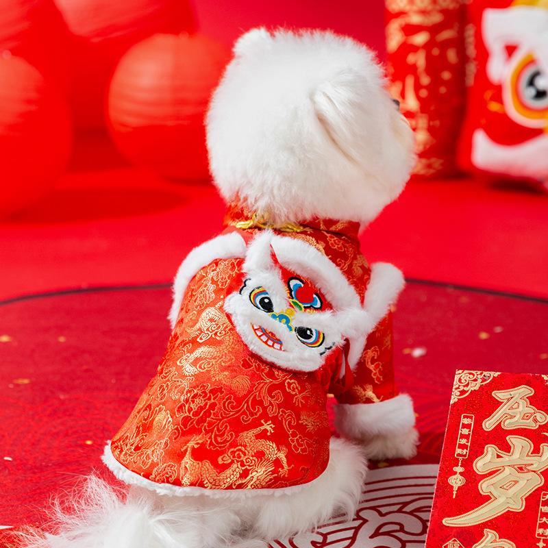 Новогодняя одежда для собак с бронзовым напылением, сумка, голова тигра, хлопковая одежда с подкладкой, одежда Тан на китайский Новый год, кошка, на две лапы, утолщенная, праздничная одежда для питомцев
