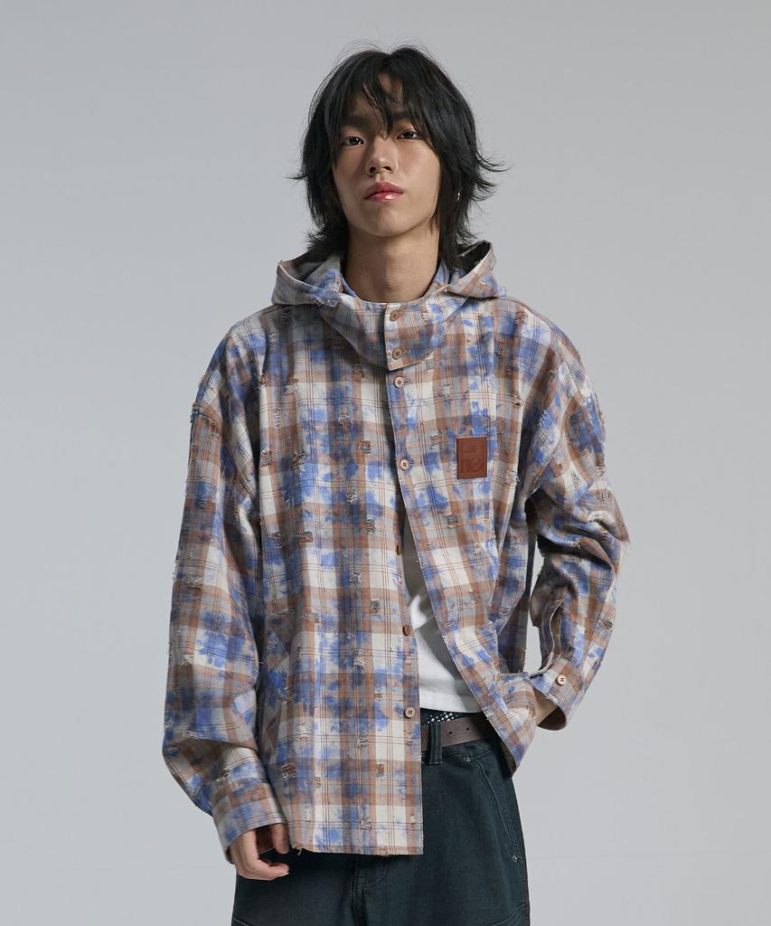 TEN PAST SEVEN Vintage Check Hooded Overshirt
