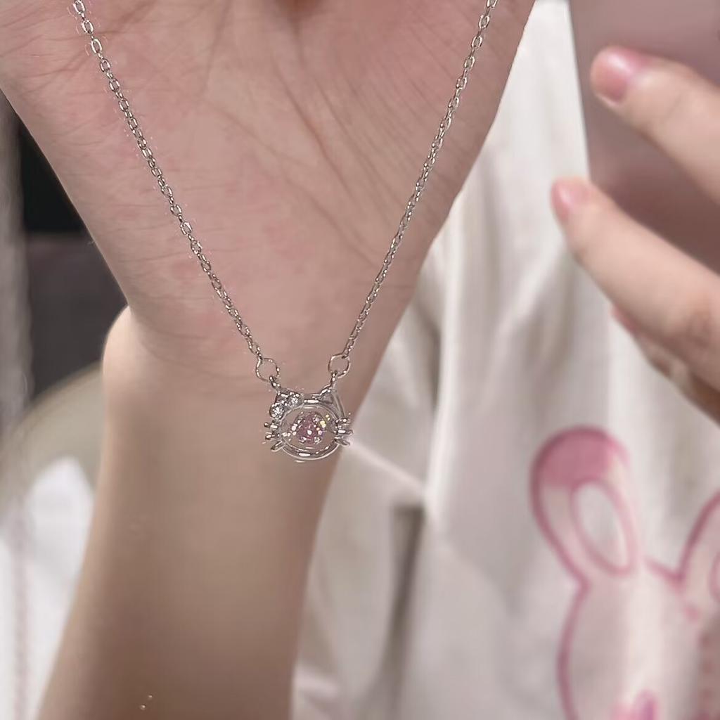 Pink Diamond KT Cat Necklace Female Cute Handmade Beating Heart Girl Sweet Fashion Personality Versatile Cat Head Collarbone Chain