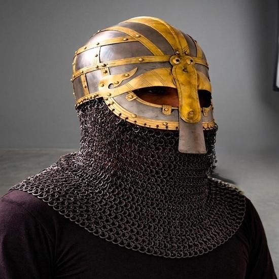 Medieval Chainmail Coif Helmet with Brass Face Mask Knight Armor Hood LARP Cosplay Costume