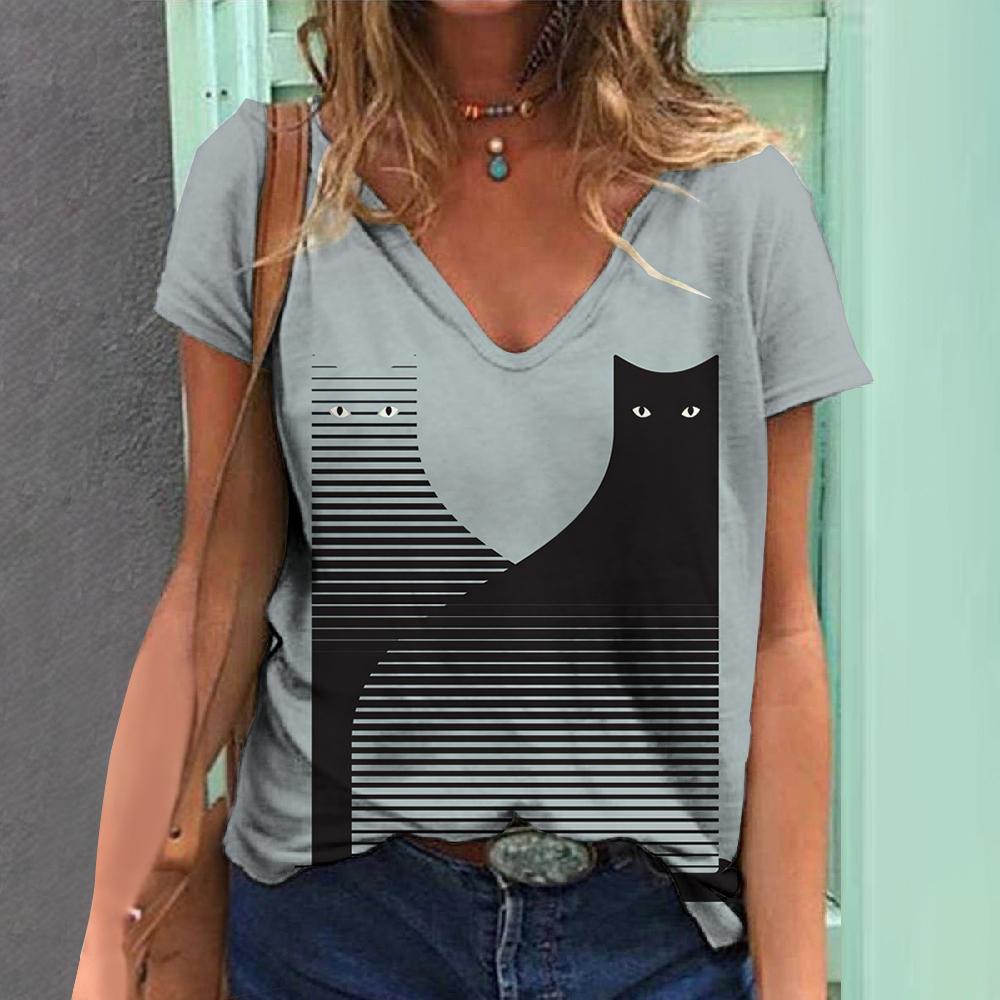 New Women's T-shirt Love Leopard Short Sleeve 3d V-neck Fashion Female Clothing Streetwear Casual Tops Harajuku Summer T Shirt