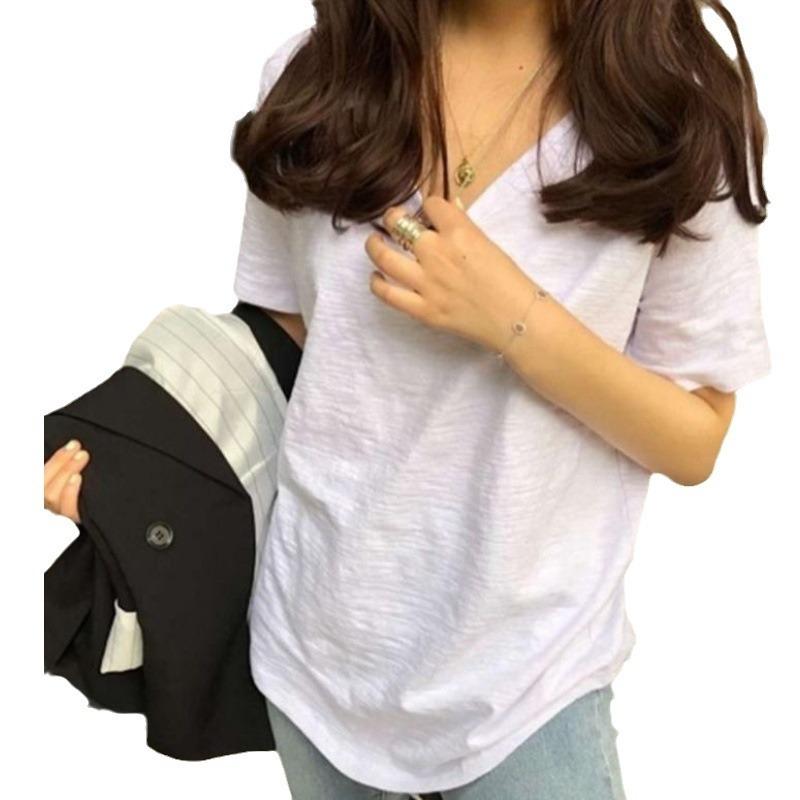 Хлопковая футболка Slub, женская летняя новая стильная рубашка с v-образным вырезом, внутренняя нижняя часть, трендовый топ с короткими рукавами, свободная и тонкая