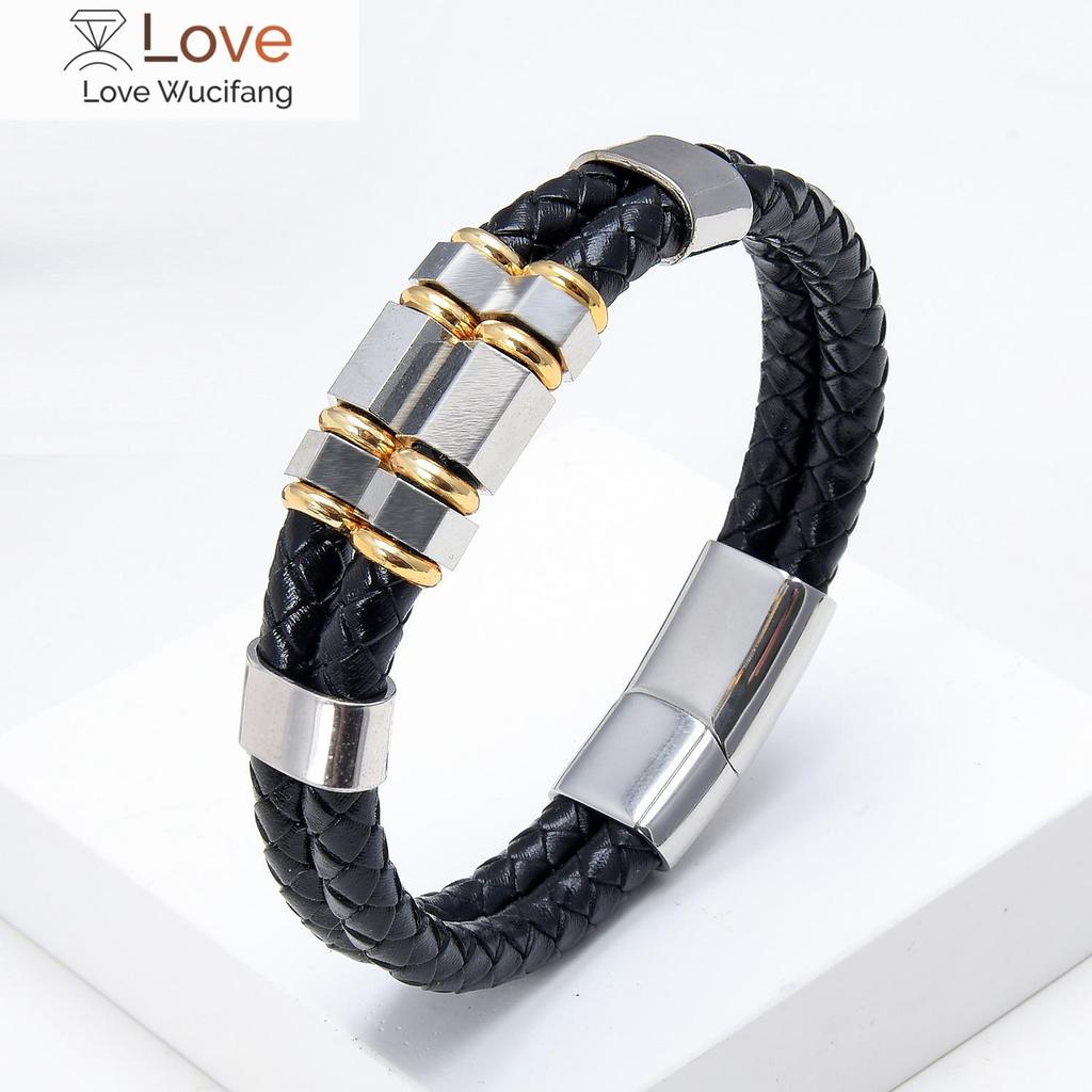 Mens Fashion Jewelry Multilayer Genuine Leather Bracelets Bangles Geometric Stainless Steel Charm Bracelet Men Gifts