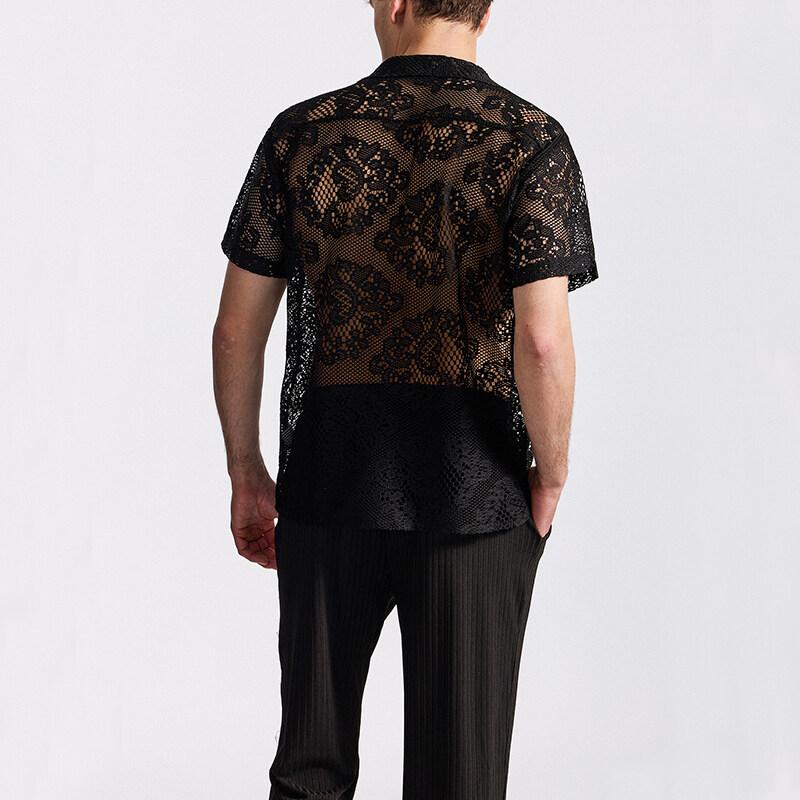 Летняя мужская сетчатая кружевная трикотажная рубашка с коротким рукавом, уличная одежда, ажурные танцевальные рубашки, топы для ночных клубов и дискотек