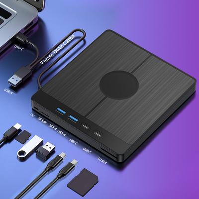 Внешний CD/DVD-привод 7-в-1 USB 3.0 DVD-плеер с 2 портами USB/Type-C, 1 слотом для карт TF/SD, портативный CD/DVD-резак для ноутбука