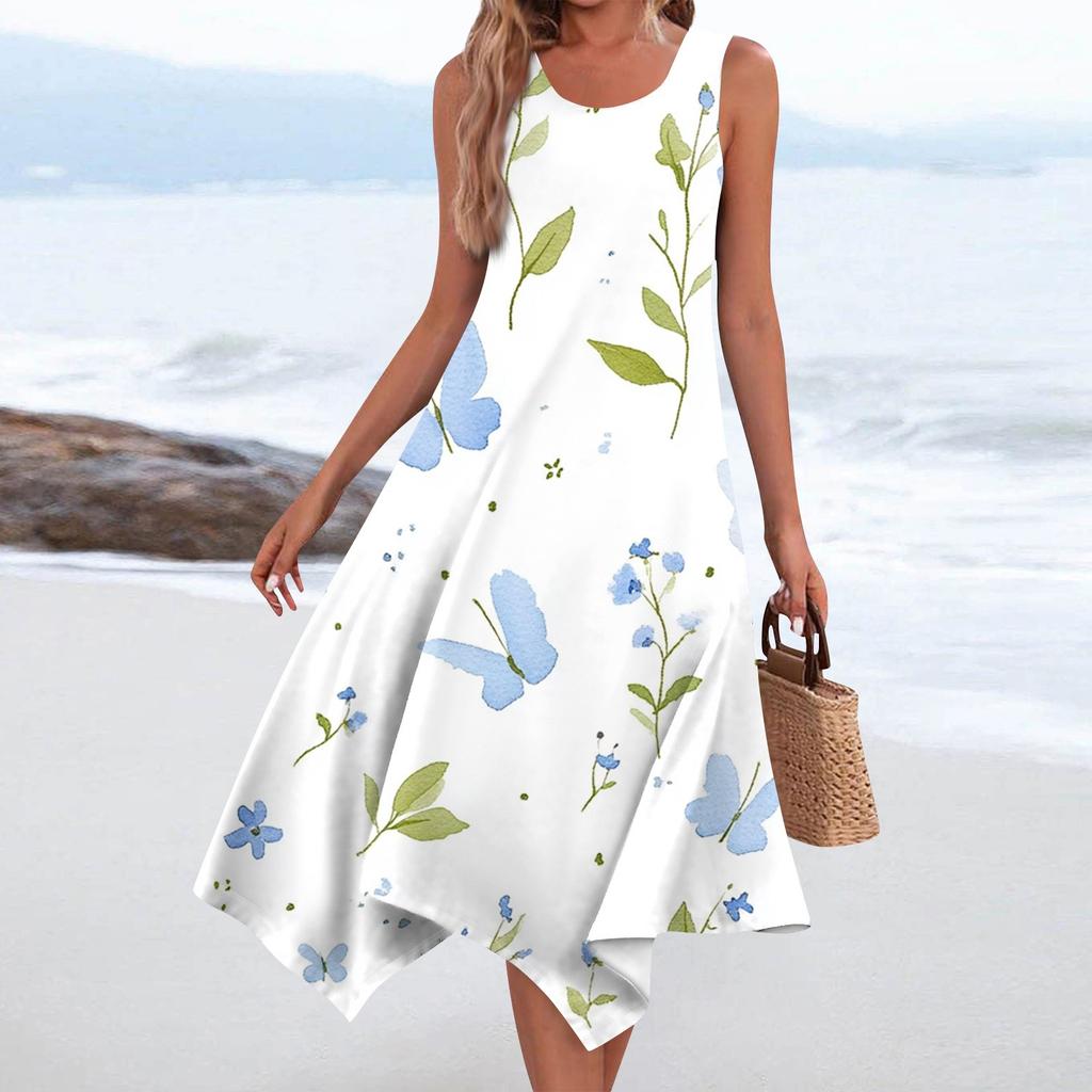 Женское повседневное модное платье средней длины с круглым вырезом без рукавов с винтажным цветочным принтом и неровным подолом