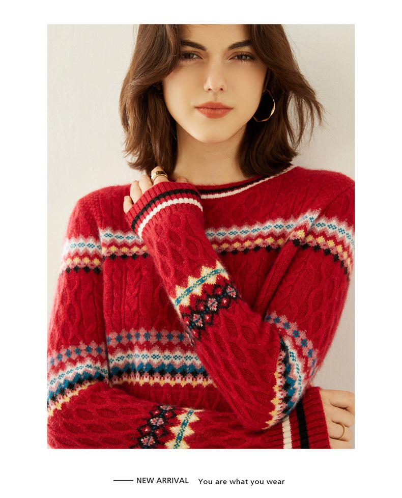 Women's Retro Jacquard Cashmere Knitwear: Color Block Round Neck for Autumn/Winter