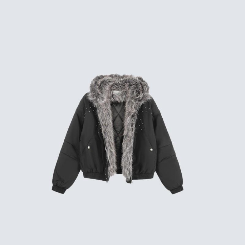American Punk Studded Faux Fur Hooded Puffer Jacket Unisex Thick Winter Coat Casual Warm Outerwear