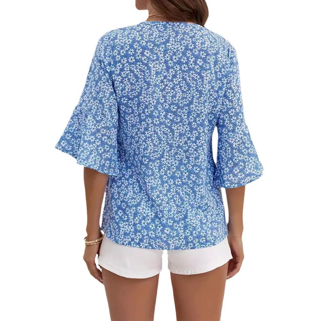 Женские модные повседневные летние весенние блузки и рубашки с цветочным узором и коротким рукавом с v-образным вырезом