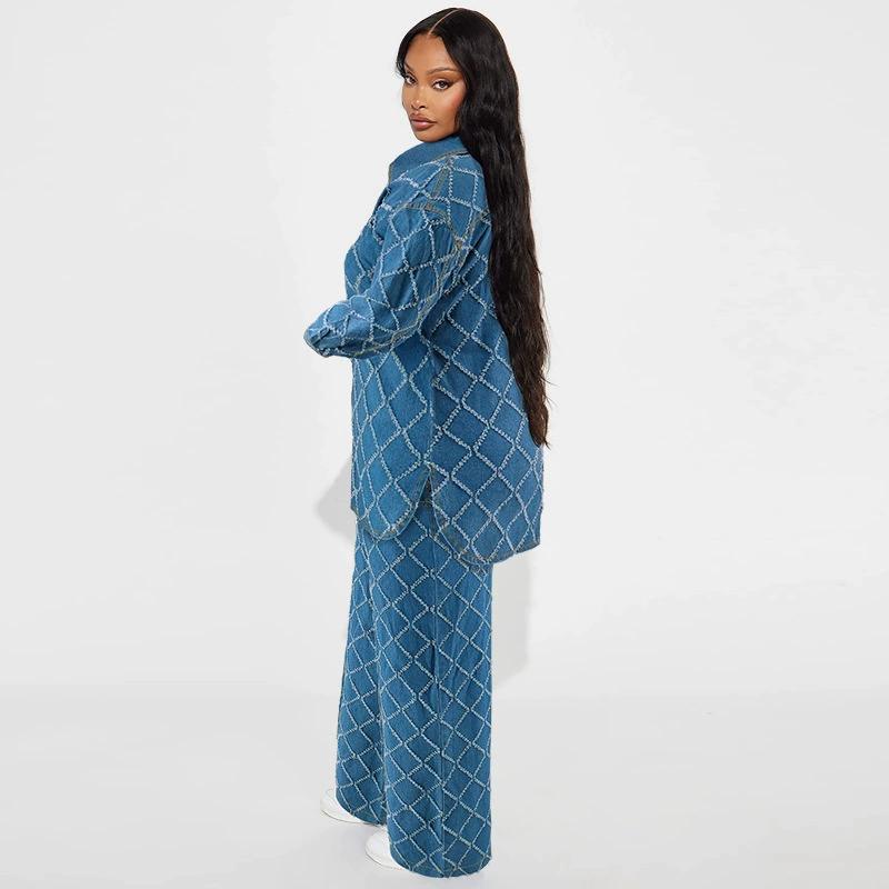 Fashion Women's Denim Tassel Checkered Cardigan Set with Shoulder Down and Long Sleeves