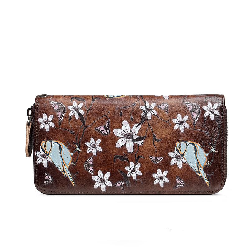 Johnature Retro Hand Painted Womens Wallets And Purses Genuine Leather Phone Purse Wallet Card Holder Hand Wallet