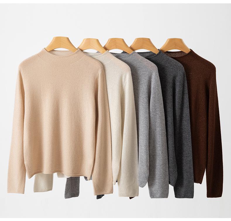 Lekasha Women's 100% Pure Cashmere Sweater - Autumn/Winter, Rolled Hem, Half-High Neck, Sequined, Thin Layer