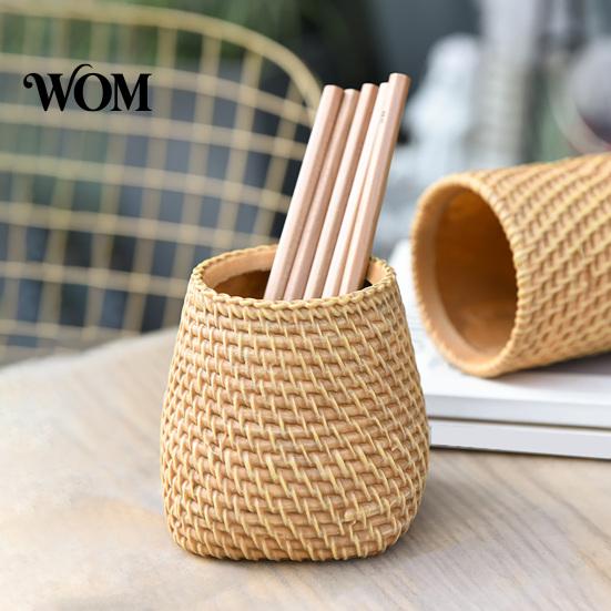 Pencil Organizer Faux Rattan Pen Holder, Woven Style Makeup Brush Boho Holder Desktop Organizer, Multi-functional Resin Cup for Home Office
