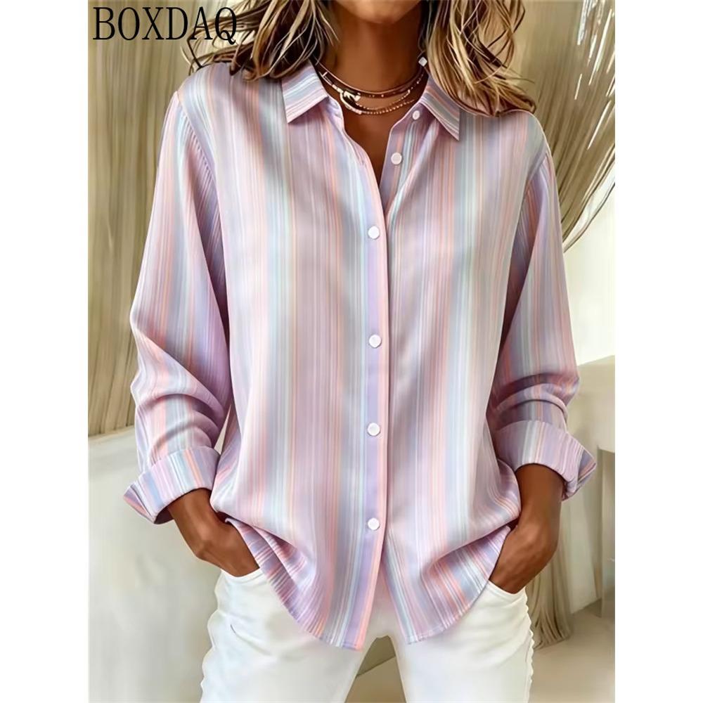 Women's Summer Button Up Blouse with Multi Colored Striped Print Lapel Women's Shirt Long
