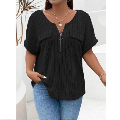 Весна и лето однотонный женский топ больших размеров на молнии с короткими рукавами и ложными карманами, свободный крой