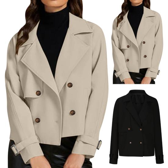 Женский укороченный тренч, повседневная куртка с длинными рукавами, двубортная, с лацканами