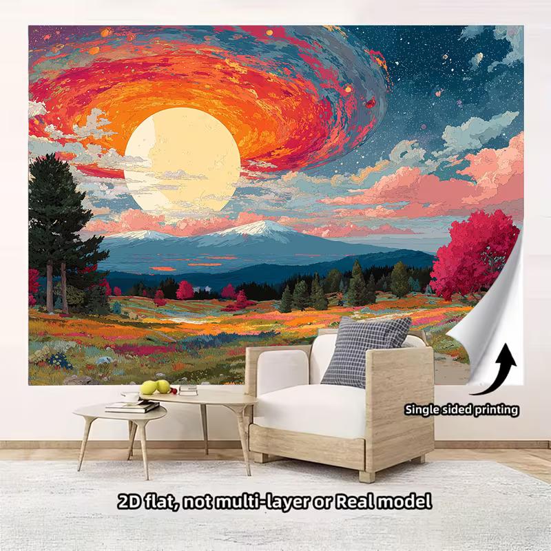 2D Starry Sky Moon Mountain Tapestry, Colorful Sunset Landscape Wall Decor
