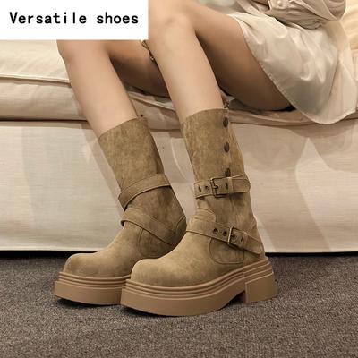 Винтажные зимние женские мотоциклетные ботинки, модные ботинки с пряжкой на ремне и средней длиной до икры, повседневная женская обувь на толстом каблуке