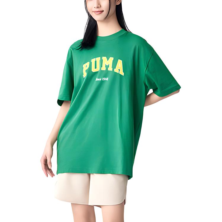 Puma Свободный дышащий свитер с круглым вырезом и принтом букв, футболка унисекс с коротким рукавом, зеленый цвет 684366-86