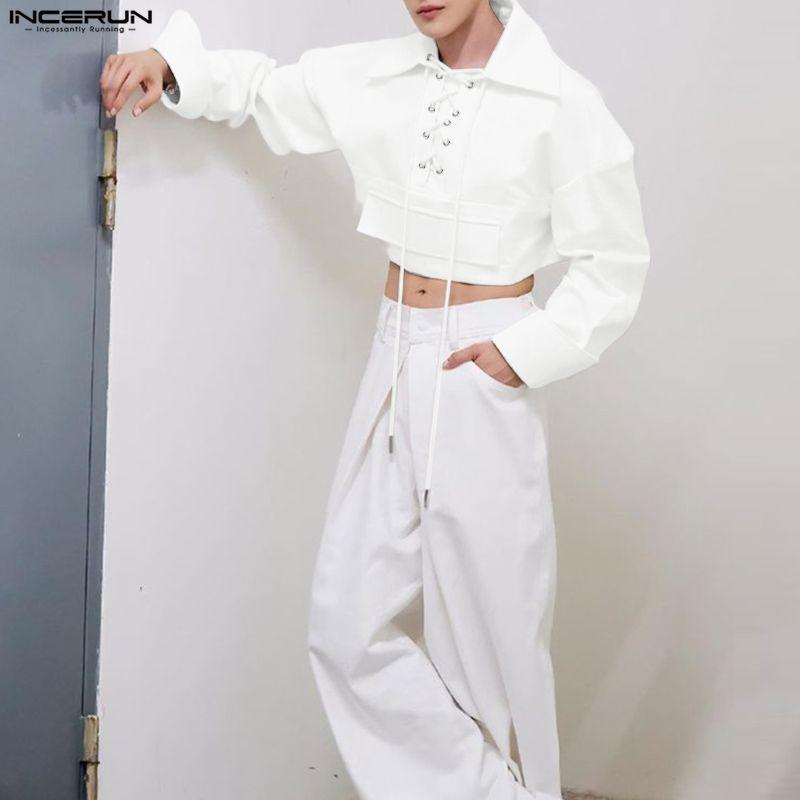 INCERUN Мужские рубашки оверсайз с лацканами, длинными рукавами, бинтами, повседневные, свободные, укороченные