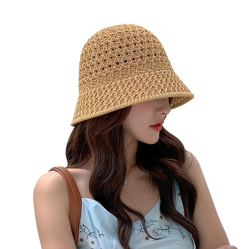 Hollow woven bucket hat spring and summer fashion knitted milliner versatile casual visor bucket hat beach basin hat