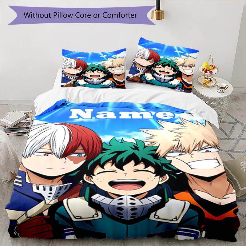3 шт. Постельное белье с индивидуальным именем My Hero Academia, Застежка на пододеяльнике, Включает 1 пододеяльник и 2 наволочки, Мягкое и удобное для всех сезонов.