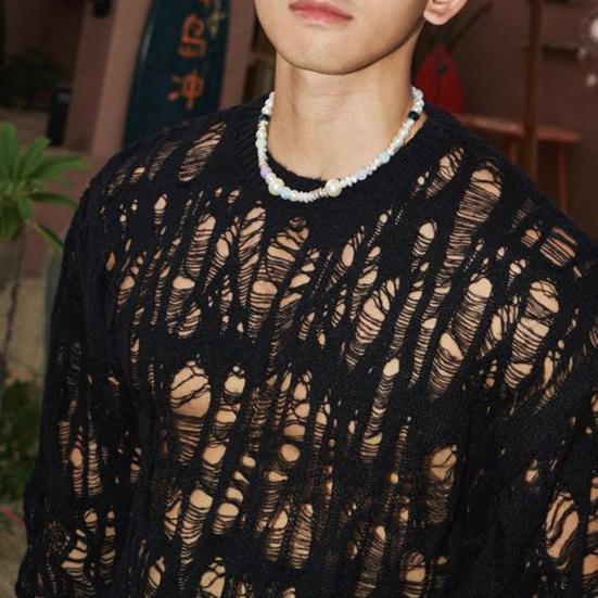 Men Tops Crew Neck Long Sleeve Knitted T-Shirt Men Clothing Retro Hollow-Out Mesh Knit Tops Spring Streetwear