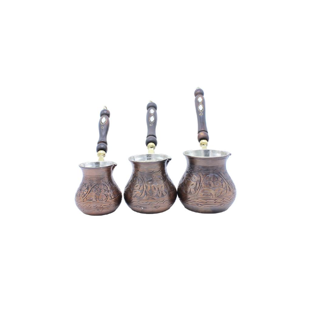 Gaziantep Handcrafted Floral Tumbled Copper Coffee Pot Copper Oxide Color Copper 3 Piece Coffee Pot Set