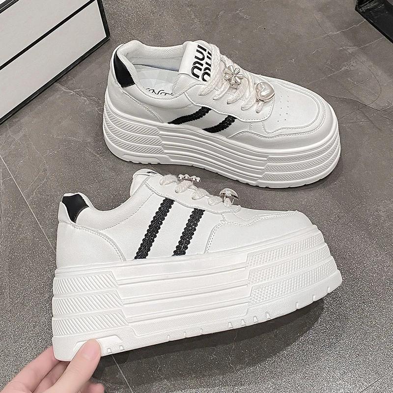 Модные 8 см Кожаные Балетки Повседневные Папины Кроссовки Массивные Кроссовки Женская Платформа Спортивная Обувь Женская Обувь для Скейтборда Скрытые Каблуки Обувь Теннис