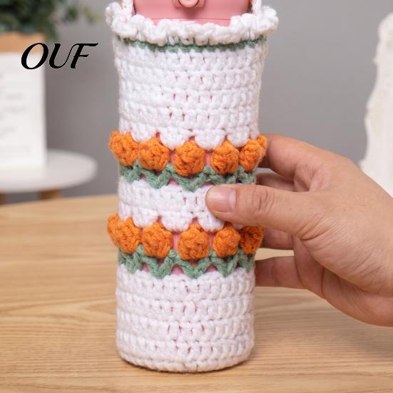 Handcrafted Crochet Pouch Hand Crocheted Cup Cover, Portable Elastic Wool Knit Sleeve, Breathable Soft Fabric Wrap Anti-Slip Protective Holder