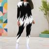Women Plus Size Two Piece Pants Set Round Neck Long Sleeve Black White Geometric Printed Outfit